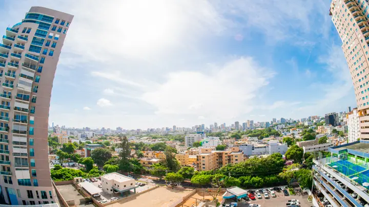 City skyline from a high-rise balcony